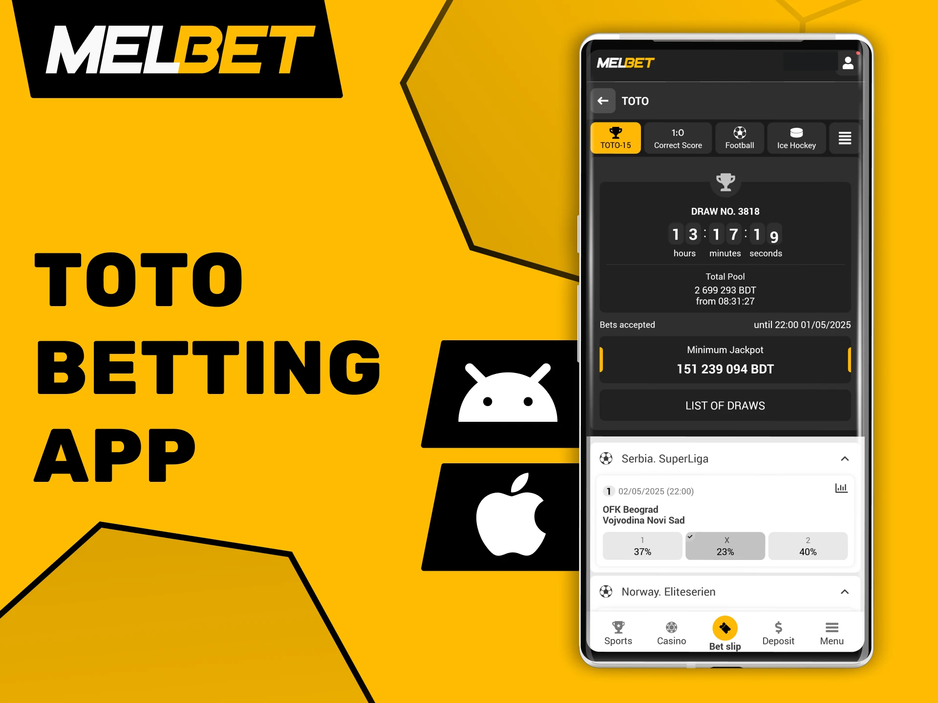 Make Toto predictions and place bets directly from your smartphone using the Melbet app.