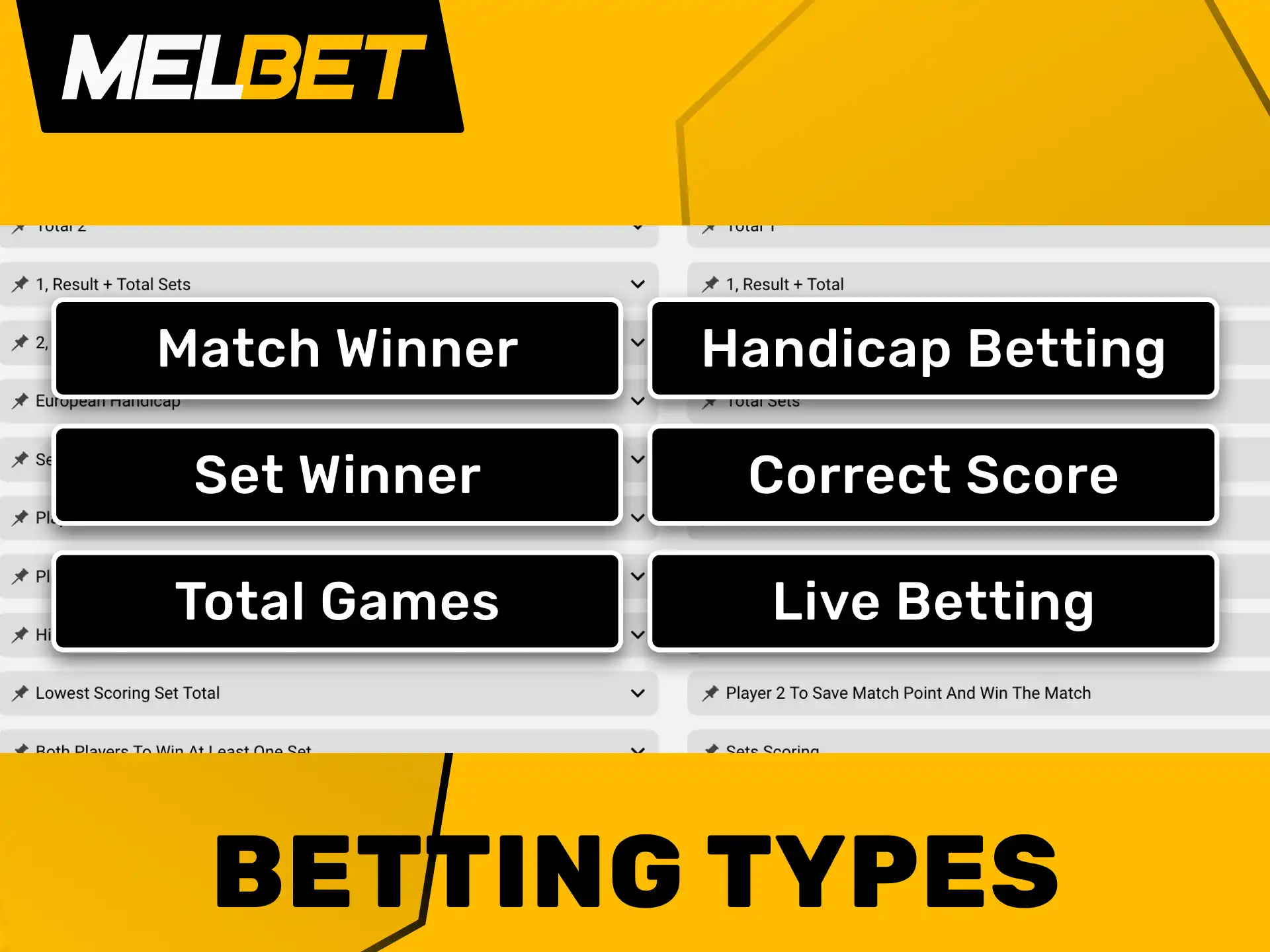 Explore all tennis betting options at Melbet including live betting and total games wagers.