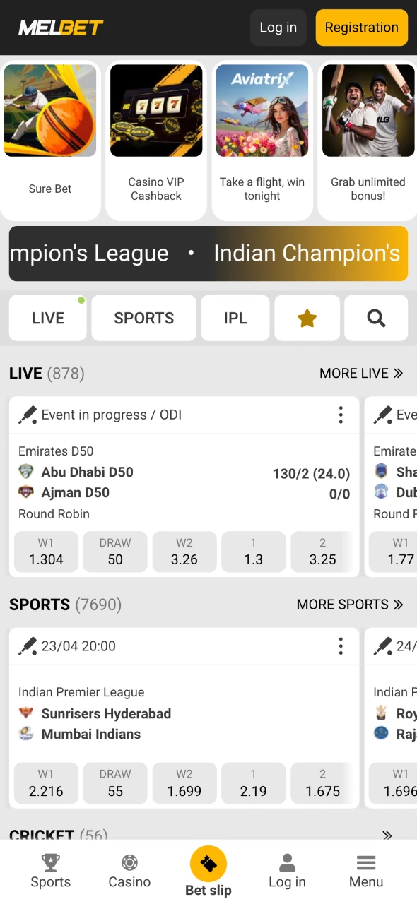 Visit the main page of Melbet official app.