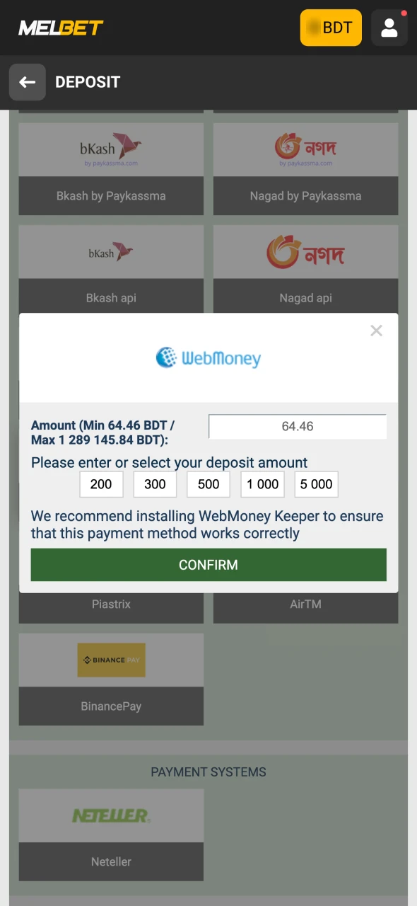 You are able to deposit funds to your Melbet account.