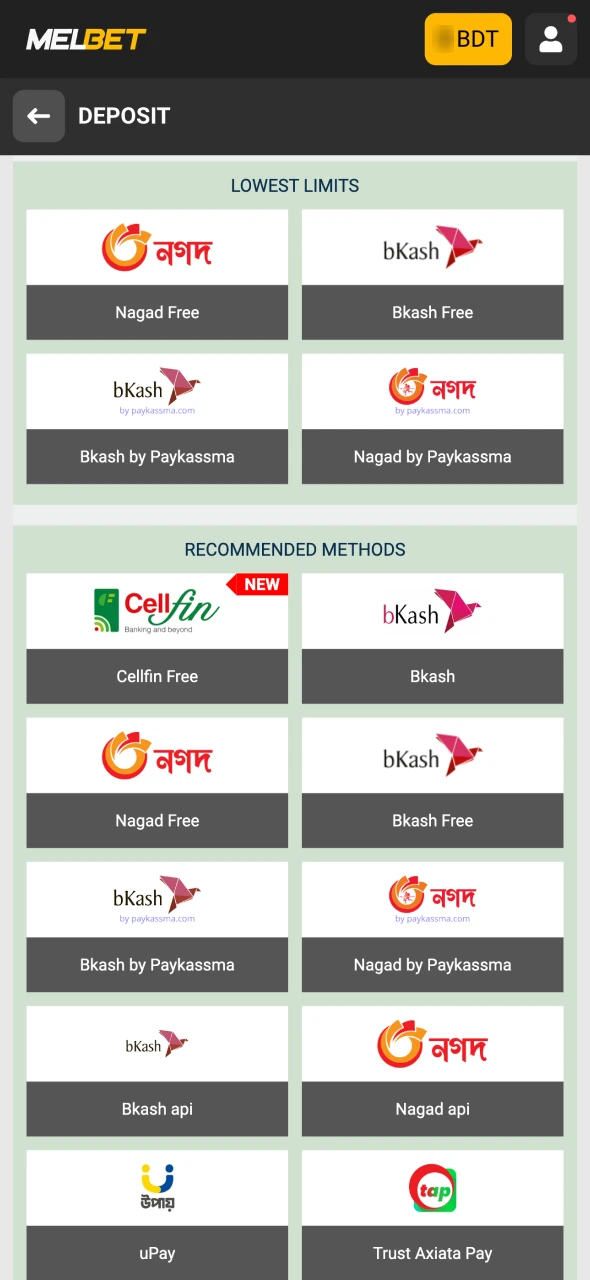Open the Melbet deposit section.
