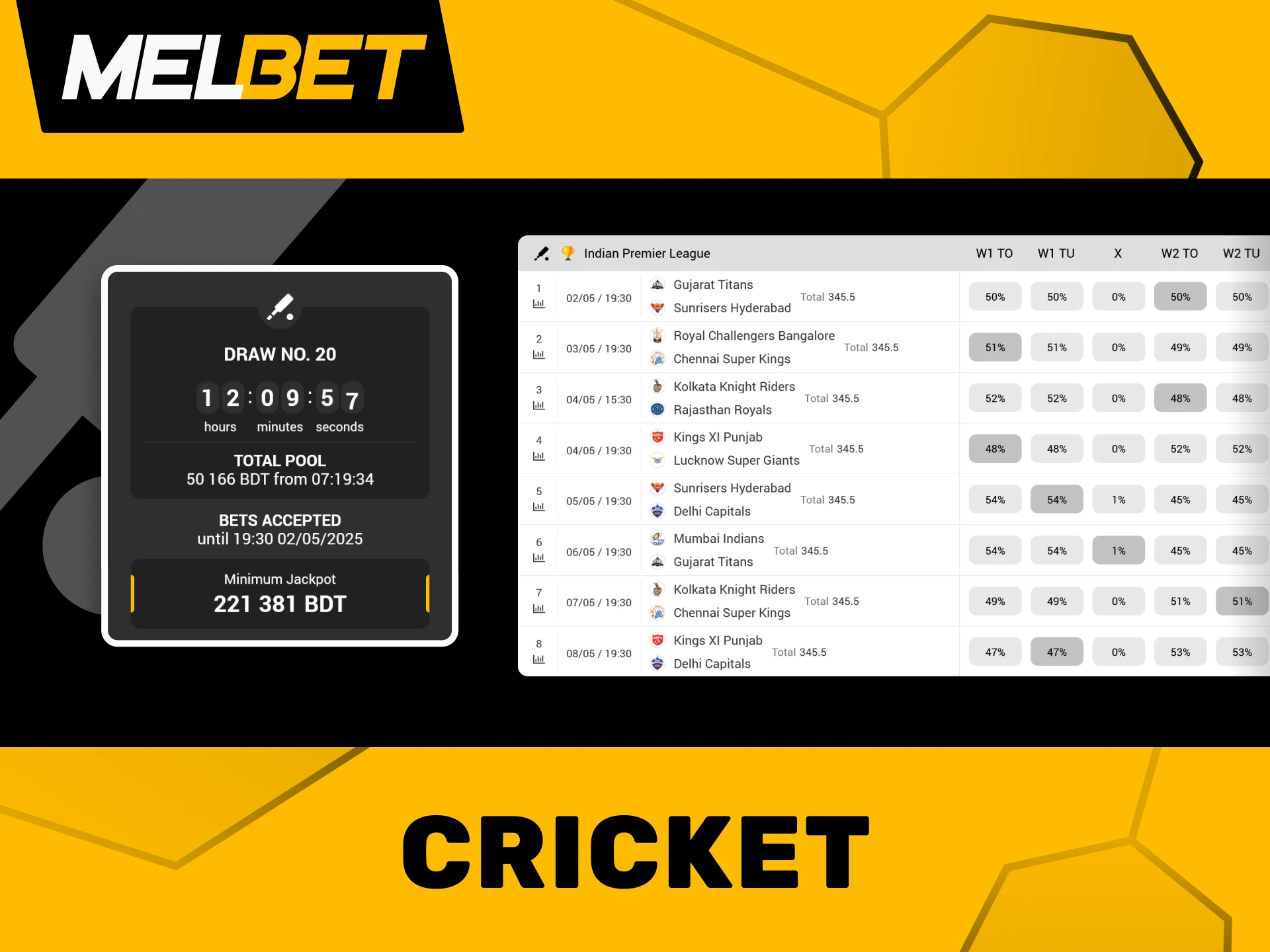 Become a champion of cricket predictions with Melbet Toto.