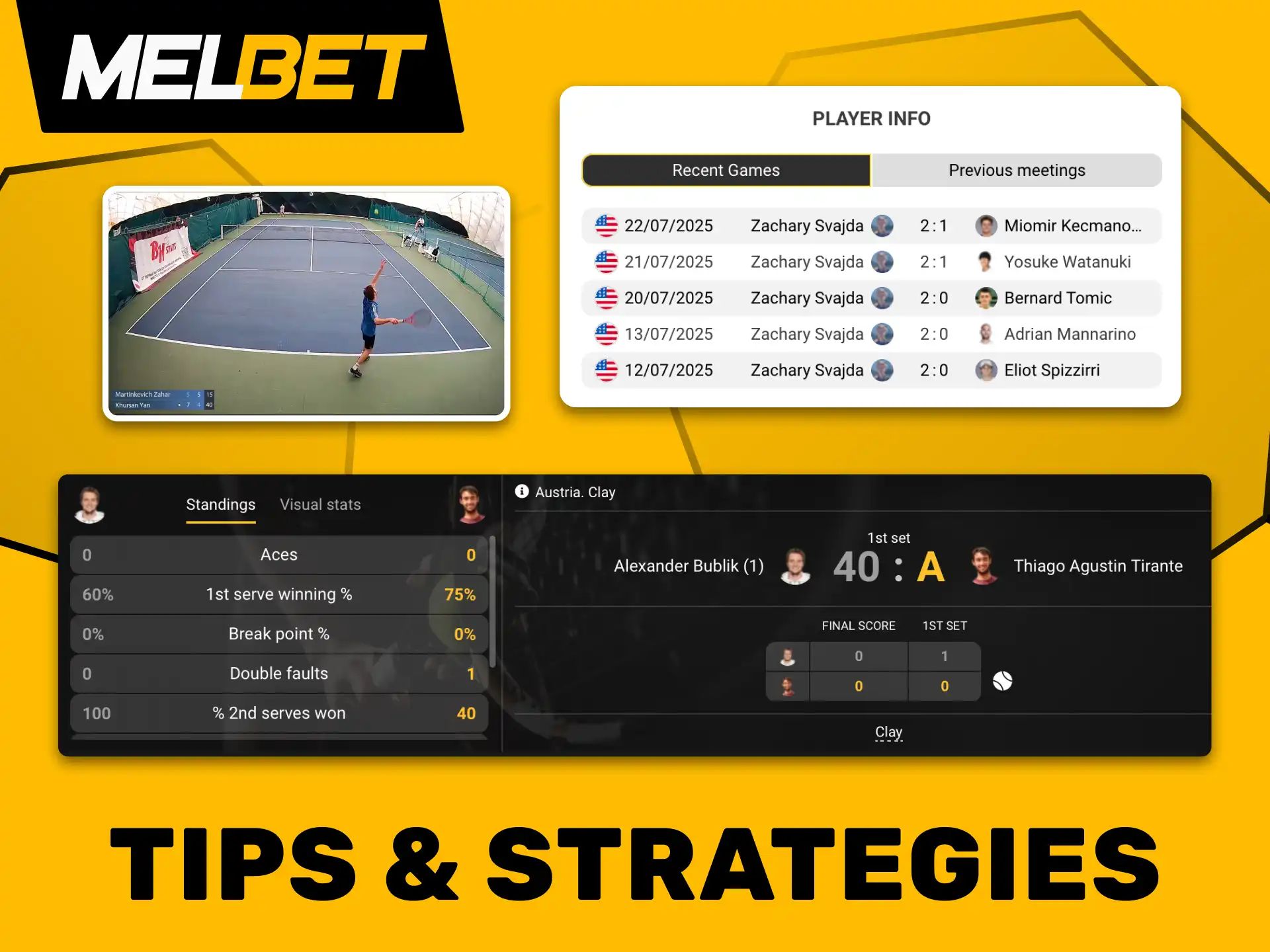 Use Melbet strategies to watch live matches and improve your tennis betting skills.