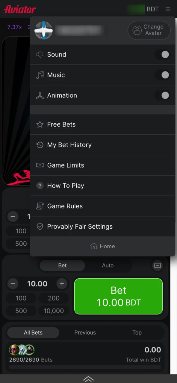 Open the Aviator game menu on Melbet to access settings and options.